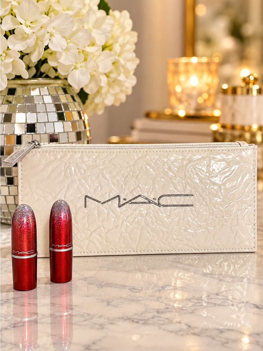 MAC Cosmetics 3pcs Bundle-with mini Glitter Lipsticks and pouch